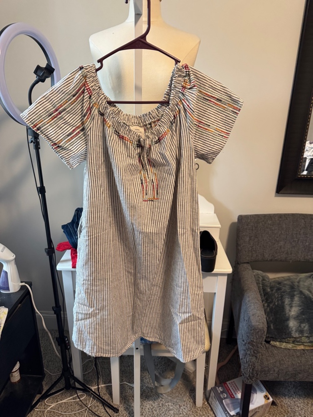 Striped Off-Shoulder Short Sleeve Tunic Dress - Neutral Stripe
